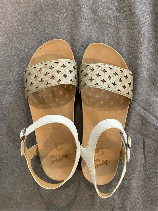 Dansko Shoes - Dansko White and Metallic Gold Cutout Slide Sandals